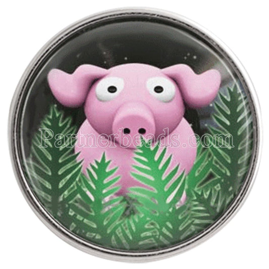 40199 - Snap - 20mm - Cute Pink Pig in Green Leaves