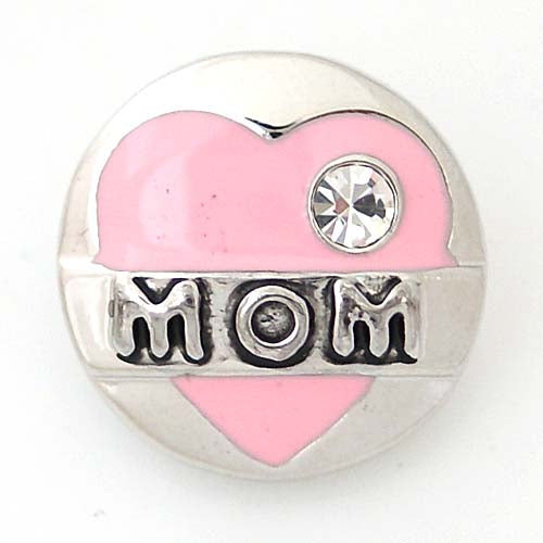 40342 - Snap - 20mm - "MOM" - Silver with Pink Heart