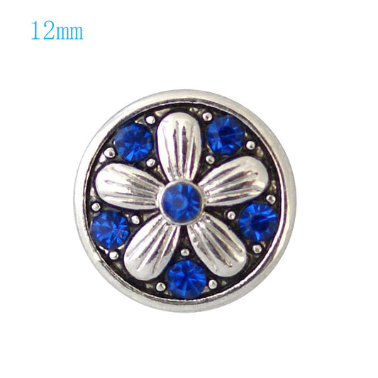 85002 - Snap - 12mm - 5 Petal Silver Flower - Blue Crystals