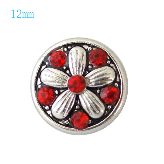 85003 - Snap - 12mm - 5 Petal Silver Flower - Red Crystals