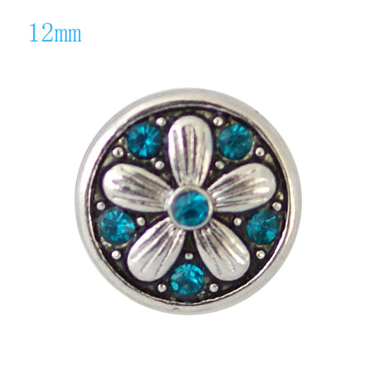 85005 - Snap - 12mm - 5 Petal Silver Flower - Teal Crystals
