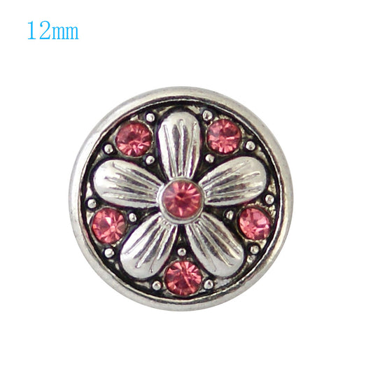 85006 - Snap - 12mm - 5 Petal Silver Flower - Pink Crystals